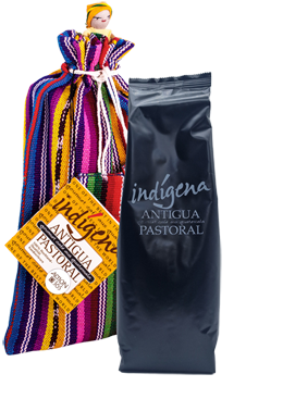 indígena ANTIGUA PASTORAL gourmet café, 250 g gemahlen - im handgewebtem Geschenksäckchen und mit Sorgenpüppchen sowie mit Beschreibung